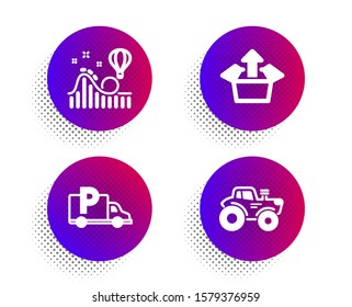 Truck parking, Roller coaster and Send box icons simple set. Halftone dots button. Tractor sign. Free park, Attraction park, Delivery package. Farm transport. Transportation set. Vector
