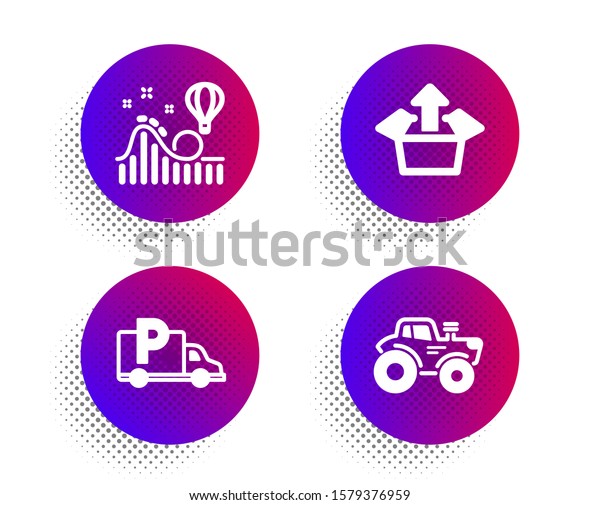 Truck
parking, Roller coaster and Send box icons simple set. Halftone
dots button. Tractor sign. Free park, Attraction park, Delivery
package. Farm transport. Transportation set.
Vector