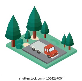 truck parking and trees scene isometric icon