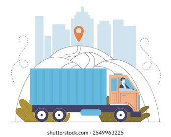 Conceito de trajeto de caminhão. Grande transporte com mercadorias. Transporte e transporte, logística. Importar e exportar. Caminhão na estrada. Ilustração de vetor linear isolada no plano de fundo branco