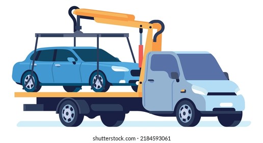 Truck picking up car. Road service vehicle isolated on white background