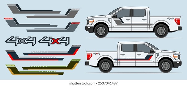 Truck, pickup side rocker panel, body, door stripes decal design. Auto vinyl print or cut template. 
4x4 off road stickers badges. Scaling without loss of quality for different car model.