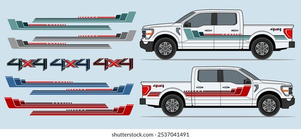 Truck, pickup side rocker panel, body, door stripes decal design. Auto vinyl print or cut template. 
4x4 off road stickers badges. Scaling without loss of quality for different car model.