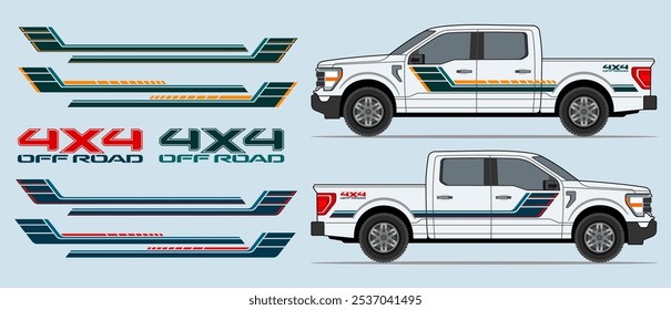 Truck, pickup side rocker panel, body, door stripes decal design. Auto vinyl print or cut template. 
4x4 off road stickers badges. Scaling without loss of quality for different car model.