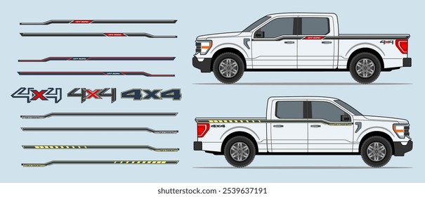 Truck, pickup side rocker panel, body, door stripes decal design. Auto vinyl print or cut template. 
4x4 off road stickers badges. Scaling without loss of quality for different car model.