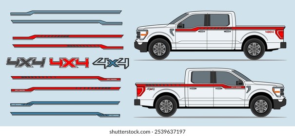 Truck, pickup side rocker panel, body, door stripes decal design. Auto vinyl print or cut template. 
4x4 off road stickers badges. Scaling without loss of quality for different car model.