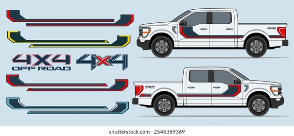 Truck, pickup side rocker panel, body, door stripes decal design. Auto vinyl print or cut template. 
4x4 off road stickers badges. Scaling without loss of quality for different car model.