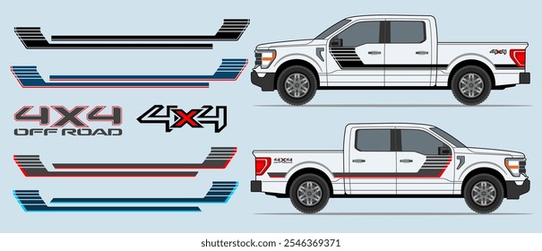 Truck, pickup side rocker panel, body, door stripes decal design. Auto vinyl print or cut template. 
4x4 off road stickers badges. Scaling without loss of quality for different car model.