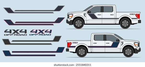 Truck, pickup side rocker panel, body, door stripes decal design. Auto vinyl print or cut template. 
4x4 off road stickers badges. Scaling without loss of quality for different car model.