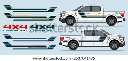 Truck, pickup side rocker panel, body, door stripes decal design. Auto vinyl print or cut template. 
4x4 off road stickers badges. Scaling without loss of quality for different car model.