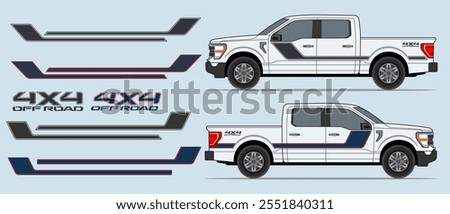 Truck, pickup side rocker panel, body, door stripes decal design. Auto vinyl print or cut template. 
4x4 off road stickers badges. Scaling without loss of quality for different car model.