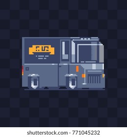 Truck pixel art icon. Food van. Game assets. 8-bit style. Sticker design. Isolated abstract vector illustration. 
