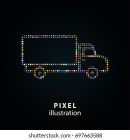 Truck - pixel icon. Vector Illustration. Design logo element. Isolated on black background. It is easy to change to any color.