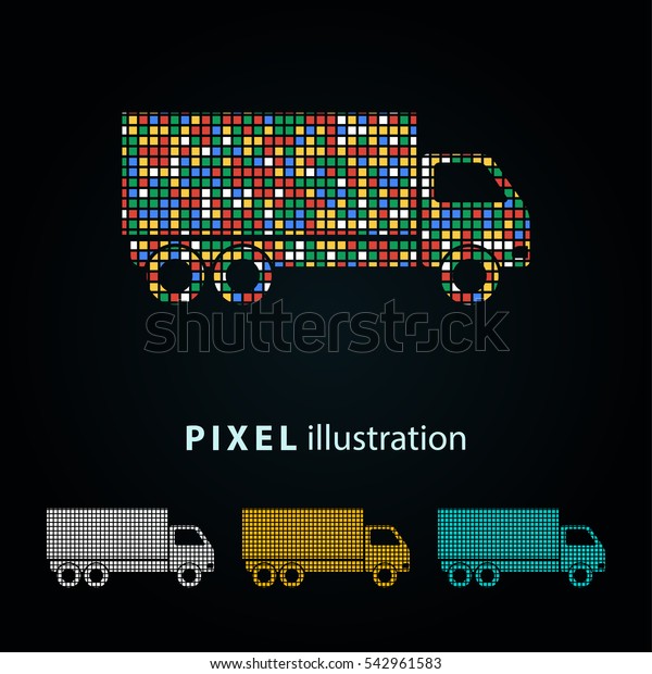 Truck - pixel icon. Vector Illustration. Design\
logo element. Isolated on black background. It is easy to change to\
any color.