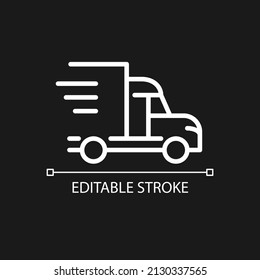 Truck pixel perfect white linear icon for dark theme. Transportation and logistics. Express shipment. Thin line illustration. Isolated symbol for night mode. Editable stroke. Arial font used