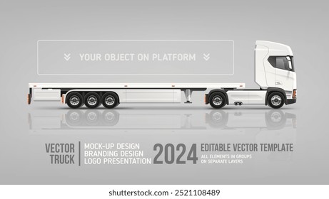 Caminhão com plataforma Vista lateral em branco mockup. Caminhão de carga com espaço para texto ou seu projeto de marca - modelo vetorial editável. Semirreboque semirreboque maquete-up horizontal em branco para banner de AD