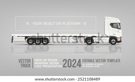 Truck with platform Side view blank mockup. Cargo Truck with space for text or your branding design - editable vector template. Horizontal blank mock up semi truck trailer for AD banner
