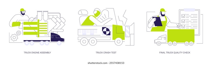 Truck production line abstract concept vector illustration set. Truck engine assembly, crash test, final truck quality check, automotive engineering industry, car manufacturing abstract metaphor.