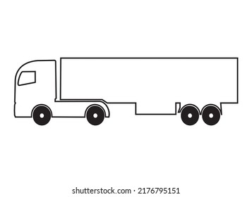 Truck From A Profile, Graphic Design Outline Drawing. Big Vehicle With A Big Trailer Transporting Heavy Lorry Silhouette Sign. Delivery Business Automobile With Container Full Of Cargo Ready To Ride.