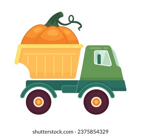 Truck pumpkin harvest 2D cartoon object. Vegetable farmland vehicle isolated vector item white background. Thanksgiving autumn season. Ripe pumpkin delivery transportation color flat spot illustration