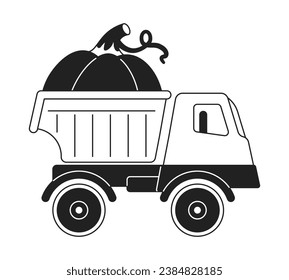 Truck pumpkin harvest black and white 2D cartoon object. Vegetable farmland vehicle isolated vector outline item. Thanksgiving autumn season. Ripe pumpkin delivery monochromatic flat spot illustration