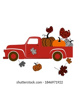 Truck with pumpkins and turkeys. Red truck carrying pumpkins. Buffalo plaid and leopard turkeys sit on pumpkins. Buffalo plaid and leopard pumpkins and maple leaves. Thanksgiving day illustration.