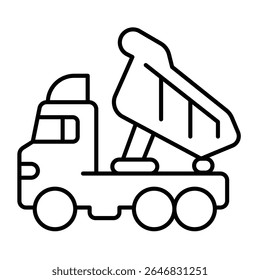 Truck with raised body thin line icon, making road concept. Vector graphics. Motor truck vehicle, heavy transport sign on white background, style mobile or design