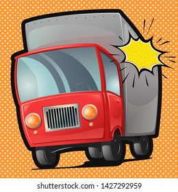 Truck with red cab. Freight company, transportation and moving. Pop art vintage comic book style. Vector illustration