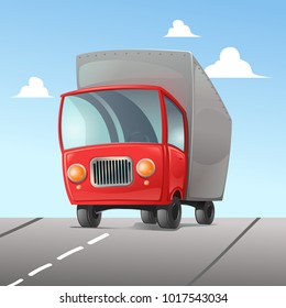 Truck with red cabin. Vector illustration. Cartoon style. The truck rides on the road
