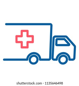 Truck With Red Cross. Medical And Food Supplies Icon. Vector Thin Line Illustration. Charity, Donation, Help And Urgency Concepts.