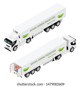 Truck with refrigerated container with company logotype. Meat truck. Natural farming traditions. Organic farming. Back and front isometric view isolated on white background.