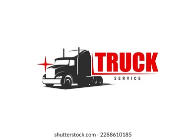 Truck repair service icon. Freight transportation, cargo delivery or vehicle repair garage station workshop vector symbol with modern American semi truck, trailer hauling lorry and typographic