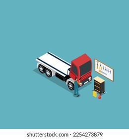 truck repair service. Mechanic with wrench, truck, tools and gears 3d isometric vector illustration concept for banner, website, landing page, ads, flyer template