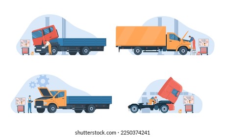 Truck repair, set of images. Vector illustration.