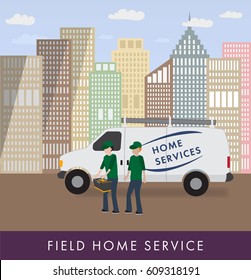 Truck with repairs in the background of the city. Home services van with workers in flat style