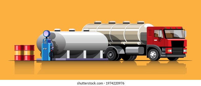 Truck in retro style with Oil tank Unloading oil from a large tank, flat design vector illlustration