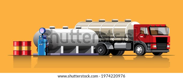 Truck in retro style with Oil\
tank Unloading oil from a large tank, flat design vector\
illlustration