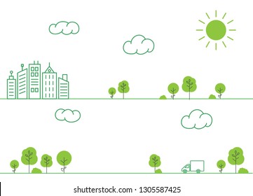 Truck rides on the road among the trees in the city. On the sky clouds and the sun. Eco-friendly green city. Vector Style leinart.