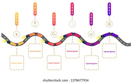 truck roadmap timeline elements with markpoint graph think search gear target icons. vector illustration eps10