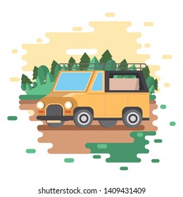 Truck safari tour riding in the jungle splash scenery vector illustration graphic design