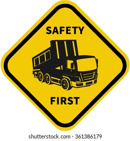 Truck safety.Driver construction worker checking truck. Repair of cars, trucks, vehicles. Signs warning.
