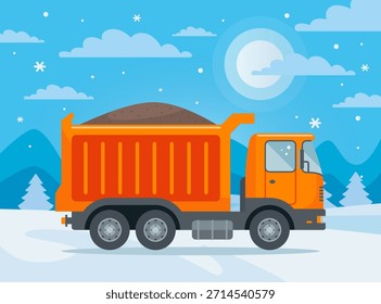 Truck with sand in winter. Loading bulk materials. Flat illustration.