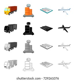Truck, scales with barrels, delivery note, airplane. Logistics and delivery set collection icons in cartoon black monochrome outline style vector symbol stock illustration isometric web.