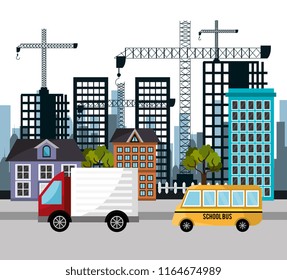 truck school bus crane city building