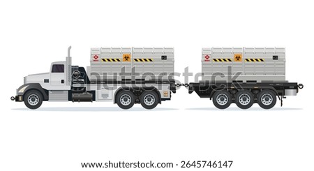 Truck semi trailer with double containers filled with toxic waste, radioactive biological hazard vector illustration