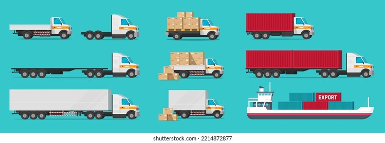 Truck semi van vehicles commercial mockup flat vector or delivery logistic trailer lorries side view 3d, industry freight ship vessel isolated set cartoon graphic, cargo cars for shipping clipart