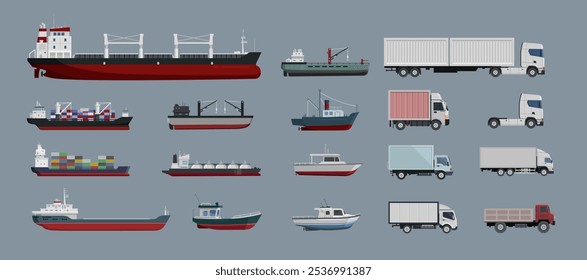 Truck, semi van vehicles, delivery logistic car, industry freight ship set cartoon. Cargo vessels and tankers shipping delivery icon