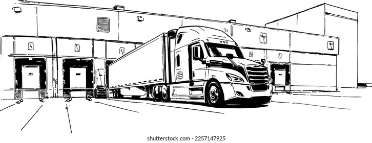 Truck with semi-trailer in front of the warehouse. Hand Drawn Illustration