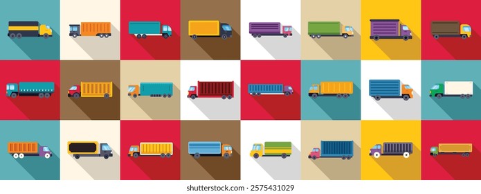  Truck semi-trailer icons set. Set of colorful truck icons illustrating various cargo transportation and logistics services