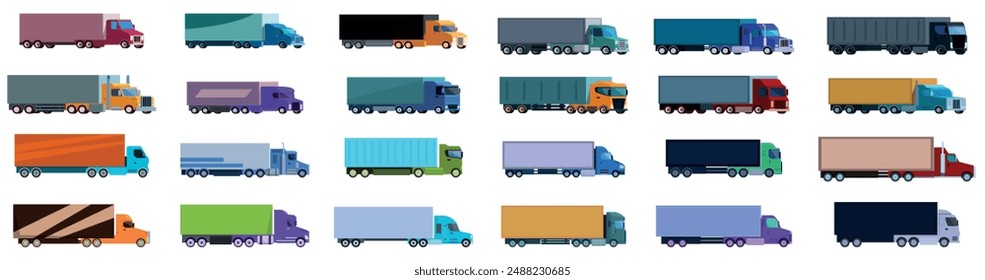 Truck semi-trailer icons set. Diverse set of colorful semi trailer trucks is ready for shipping and logistics operations